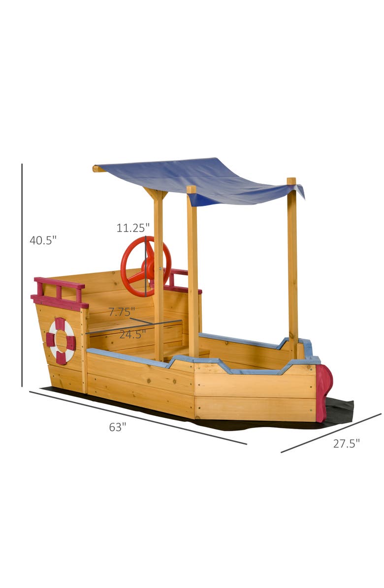 Outsunny Wooden Pirate Sandbox for Kids with Canopy & Storage Bench, Alternate, color,