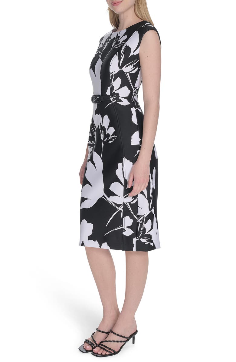 Calvin Klein Floral Print Chain Belt Sheath Dress, Alternate, color, Black/ White
