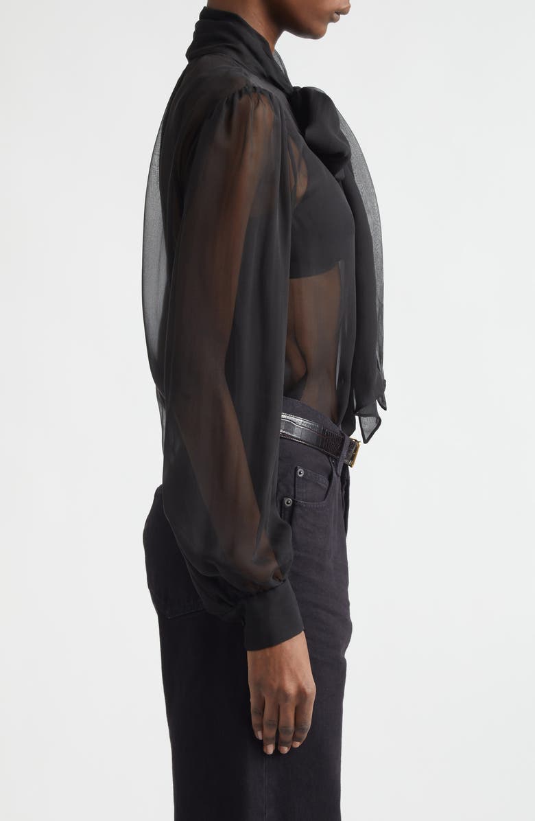 Saint Laurent Sheer Silk Chiffon Tie Neck Shirt, Alternate, color, Noir