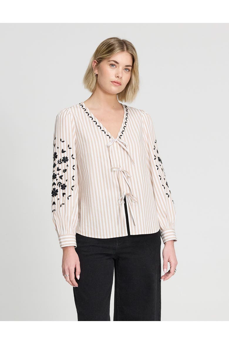 Karlee Cotton Embroidered Tie Front Top, Main, color, Neutral Stripe