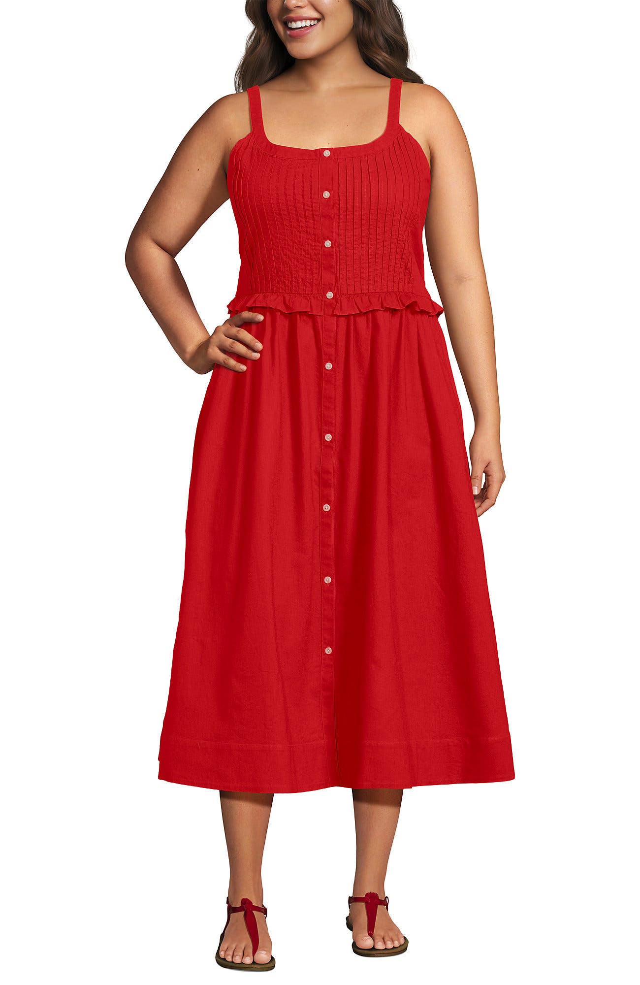 Linen Blend Pintuck Tank Midi Dress