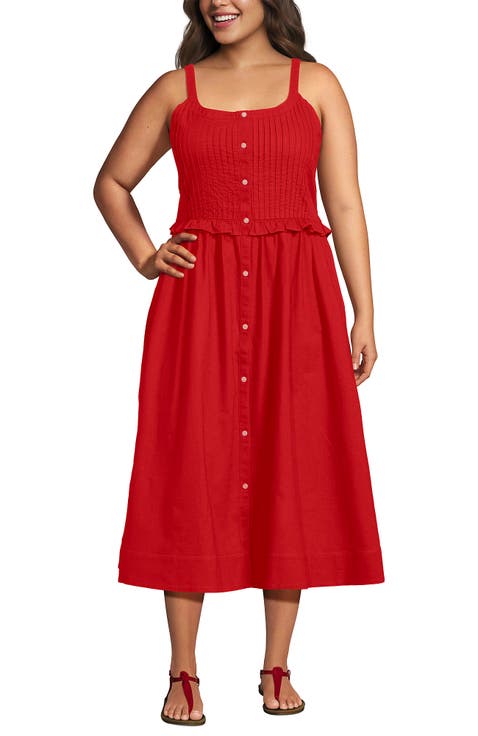 Linen Blend Pintuck Tank Midi Dress