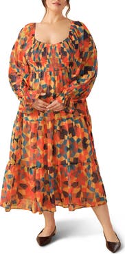 FLYING TOMATO Long Sleeve Clip Dot Chiffon Midi Dress