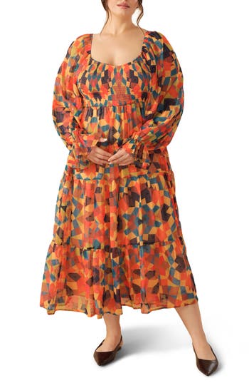 Flying Tomato Long Sleeve Clip Dot Chiffon Midi Dress In Orange