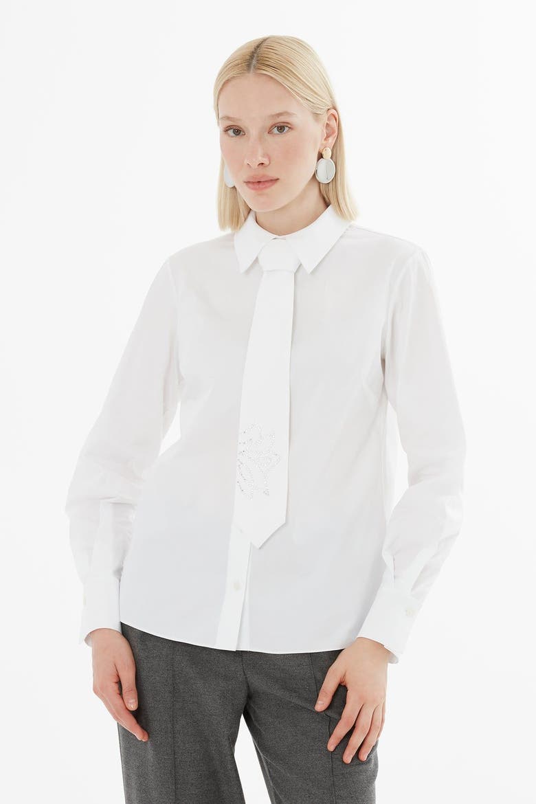 Printed Shirt with Tie-Neck Detail, Alternate, color, White