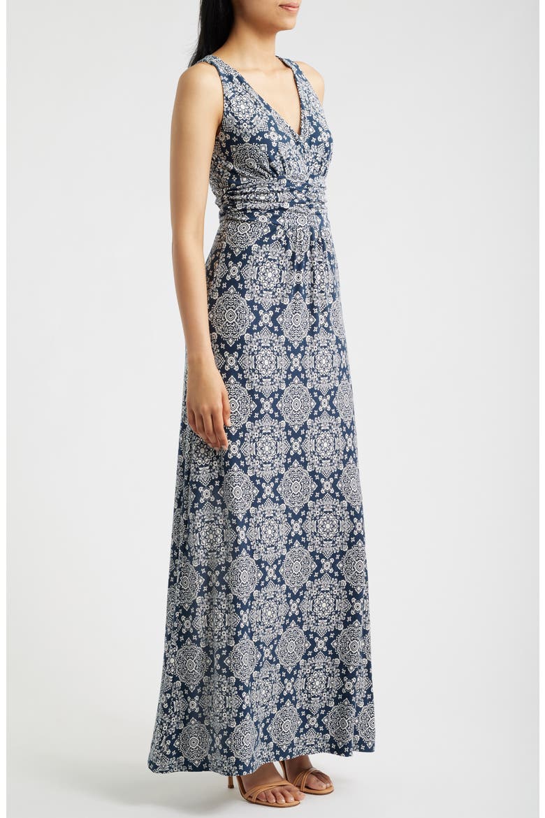 Ruched Empire Waist Maxi Dress, Alternate, color, NAVY/ IVORY