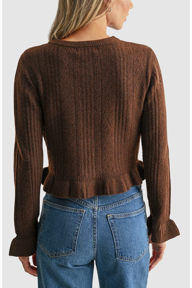 Pointelle Peplum Cardigan, Alternate, color, DARK BROWN