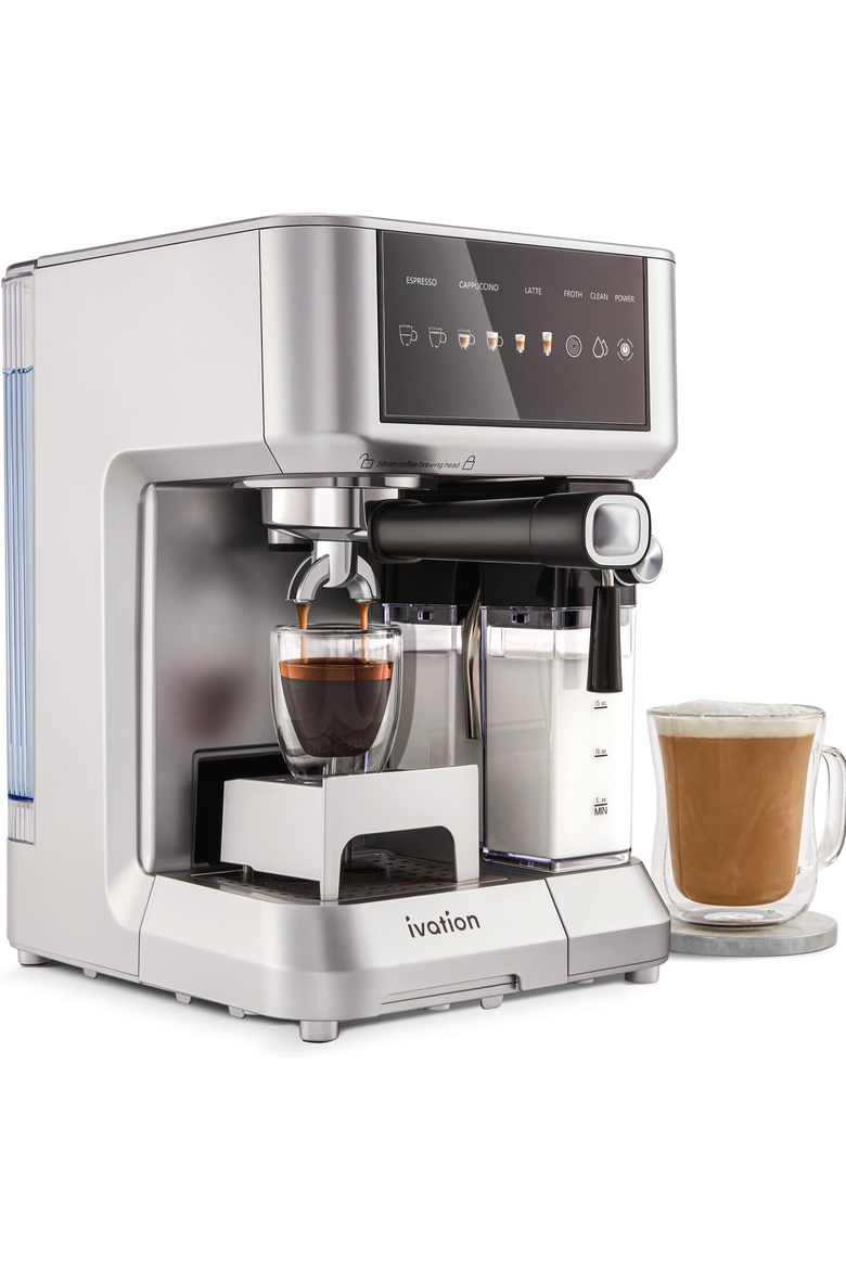 Espresso Cappuccino Latte Machine with Milk Frother, 58mm Portafilter, Auto Clean, Grey, Main, color, Gray