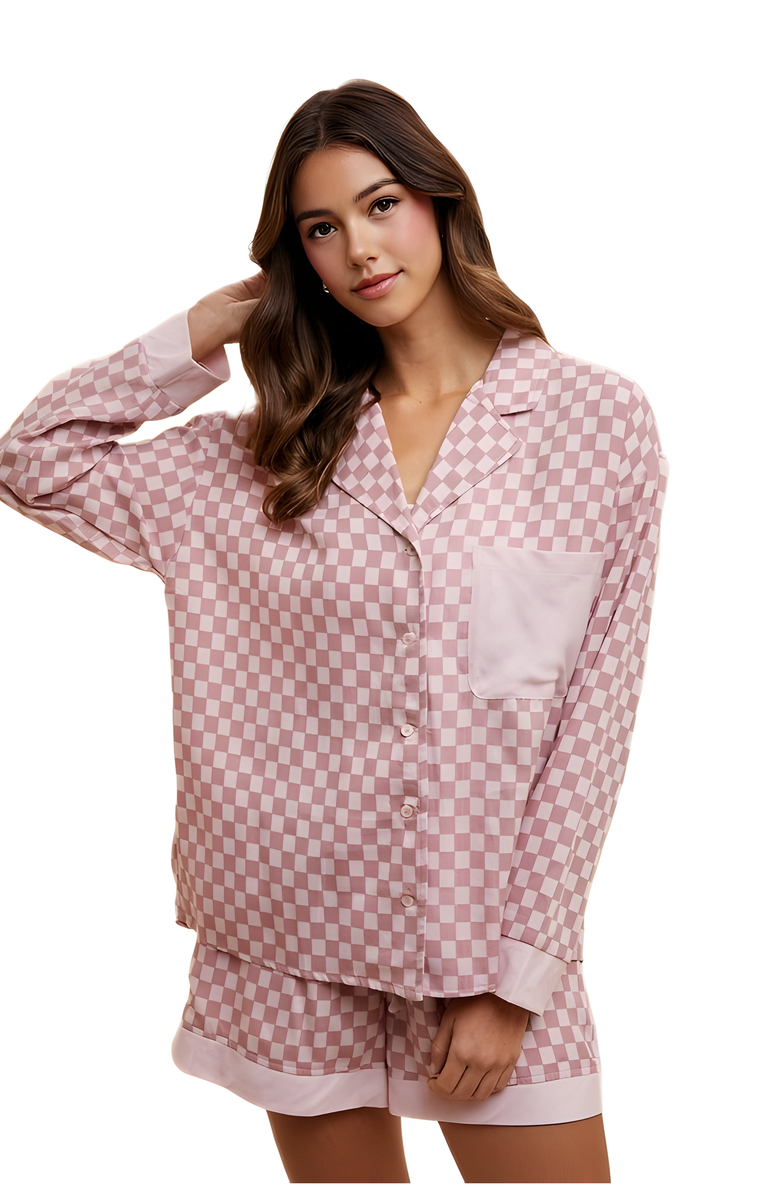 Knit and Lounge Checkerboard Satin Button-Up Shirt and Shorts Pajama Set, Alternate, color, Pink Checkerboard