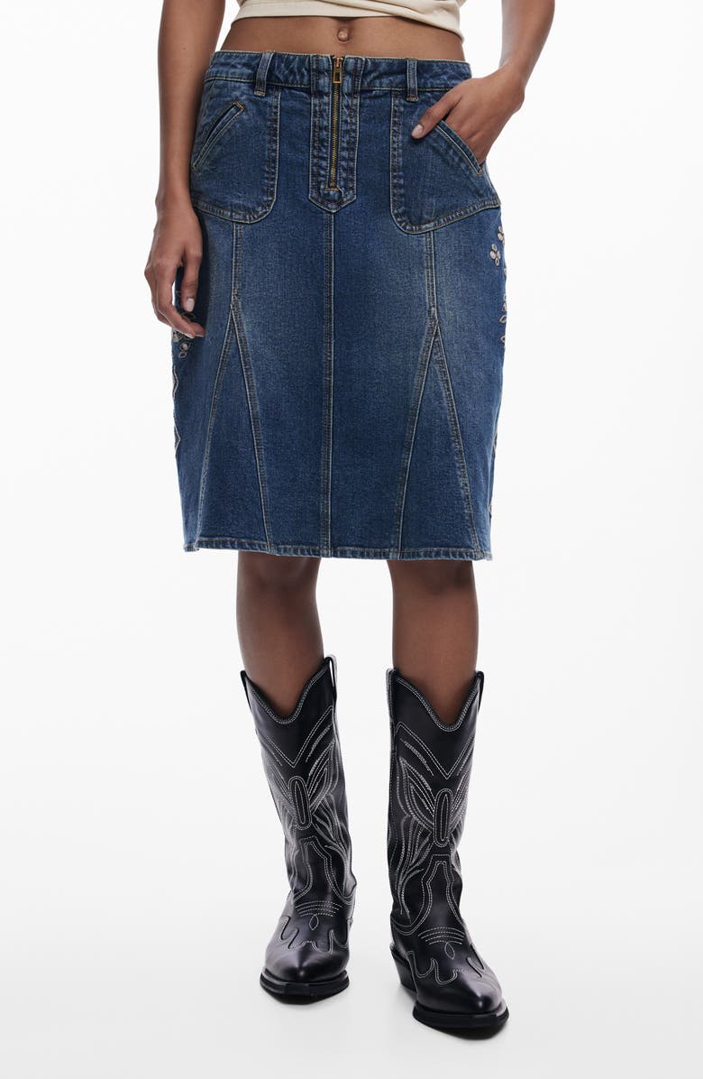 Desigual Embroidered A-Line Stretch Denim Skirt, Main, color, Medium Blue