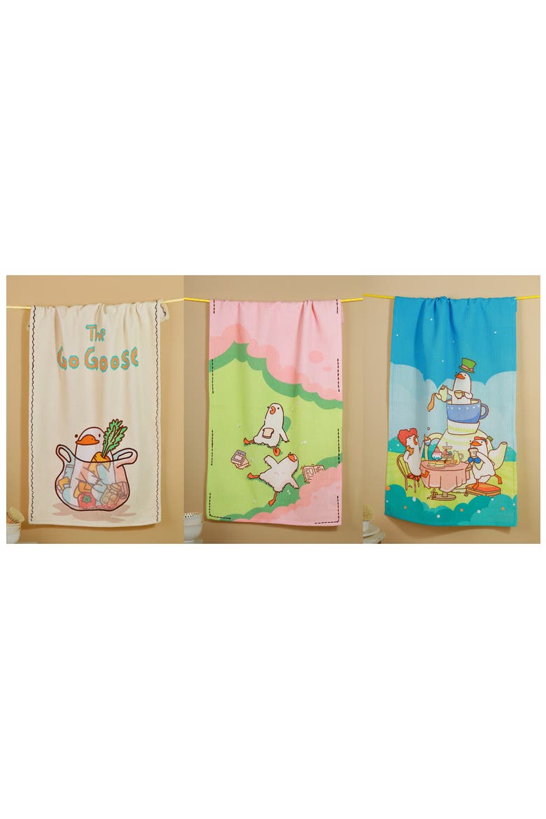 The Gaggle of Geese Set of 3 Kitchen Towels, Alternate, color, PINK/ GREEN/ BLUE
