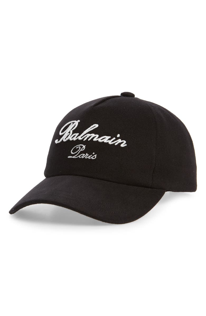 Balmain Signature Embroidered Cotton Baseball Cap, Main, color, Black/ Ivory