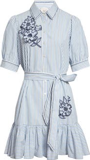 Cinq à Sept Zadie Floral Appliqué Stripe Cotton Blend Shirtdress