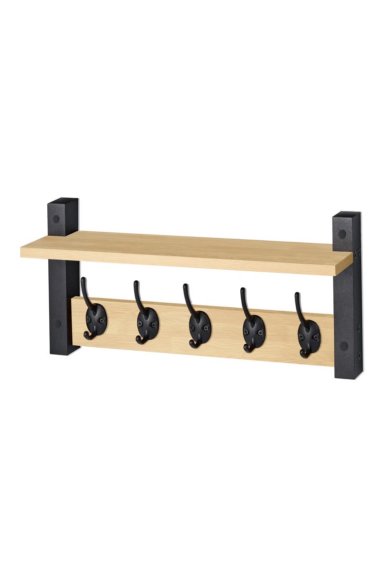 16-Inch Floating Wall Shelf with Hooks, Main, color, MAPLE