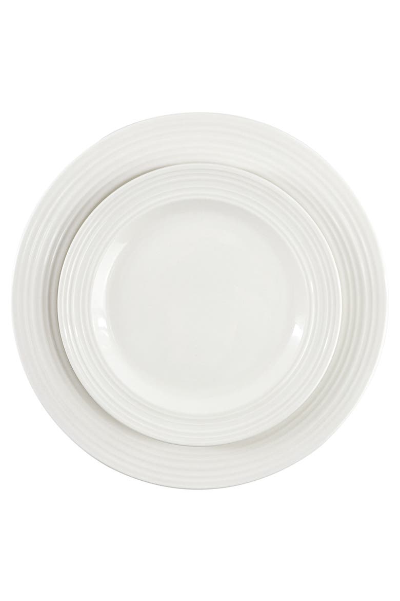 Nikki 18 Piece Ribbed White Porcelain Dinnerware and Serving Bowl Set, Alternate, color, White