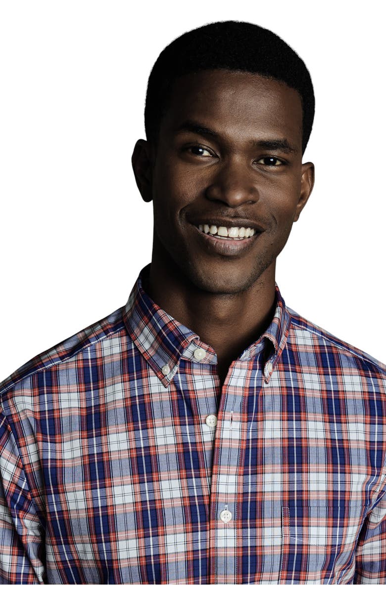 Charles Tyrwhitt Slim Fit Button-Down Collar Non-Iron Stretch Poplin Check Shirt, Alternate, color, Red