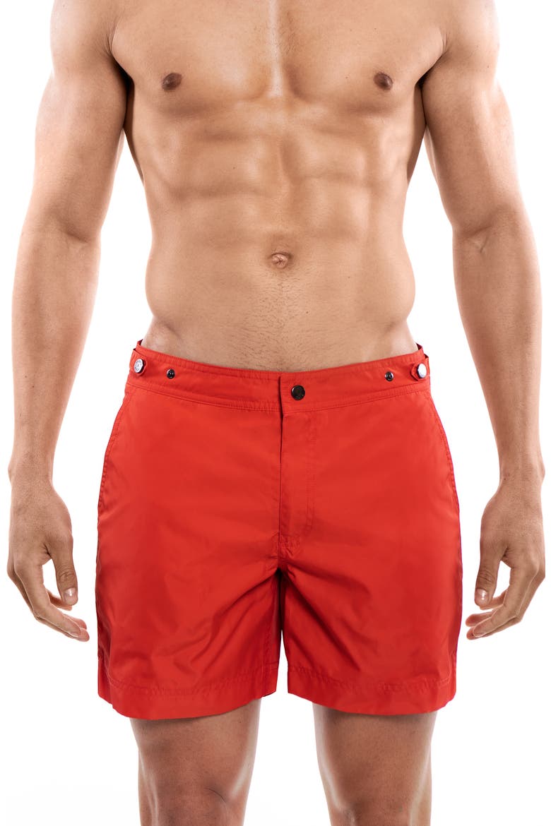 Elvio Tailored Solid Hybrid Swim Trunks, Main, color, RED