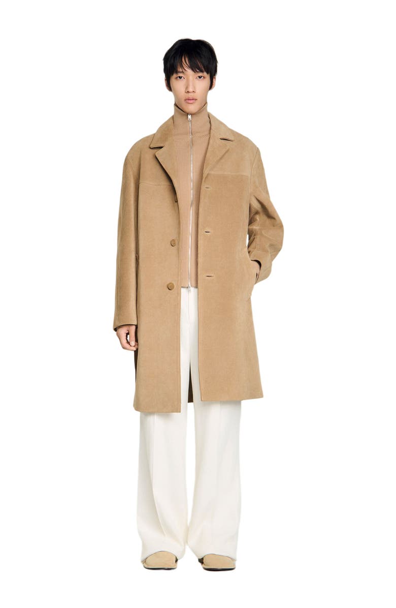 SANDRO Long belted leather coat, Alternate, color, Cappucino
