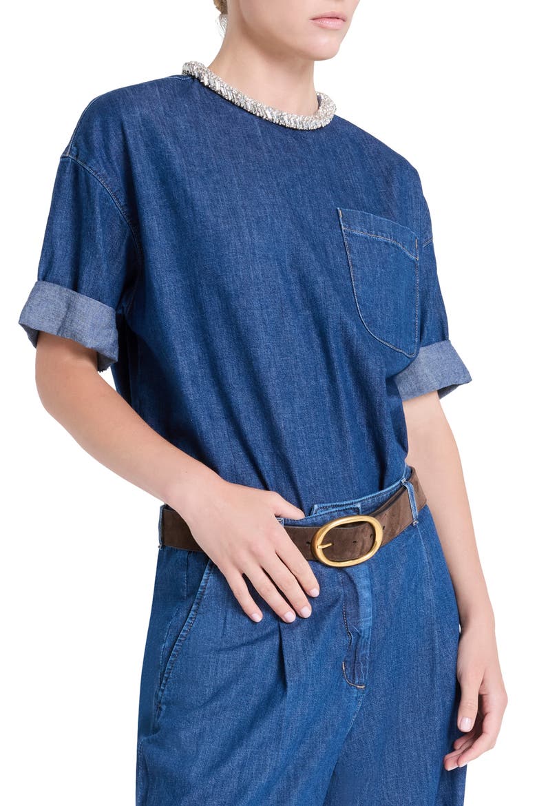 Ex T Crystal Collar Denim Shirt, Alternate, color, DARK STONE