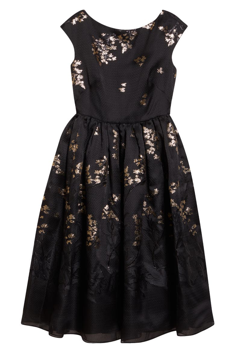 Floral Brocade Cap Sleeve Midi Dress, Alternate, color, BLACK