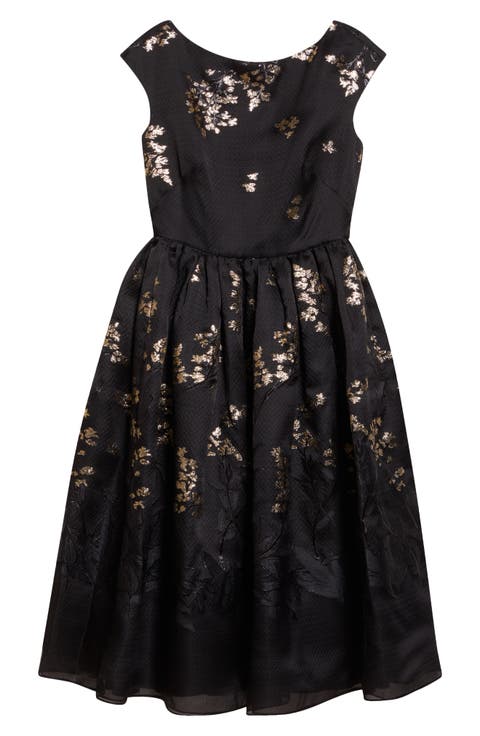 Floral Brocade Cap Sleeve Midi Dress