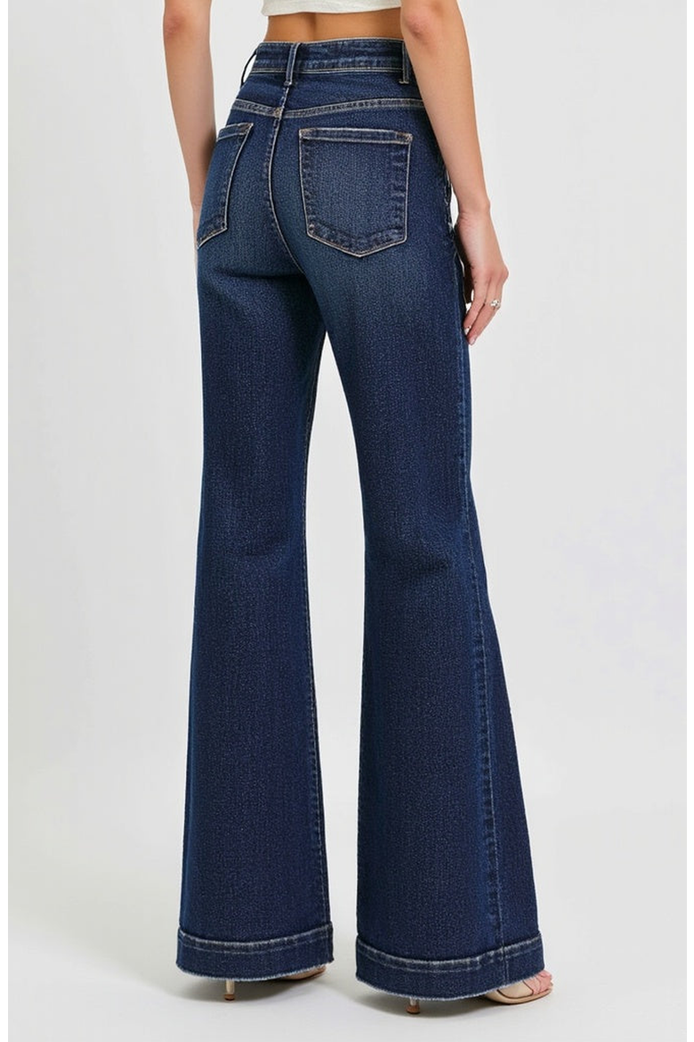 High Waist Flare Jeans with Front Patch Pockets, Alternate, color, Dark Indigo