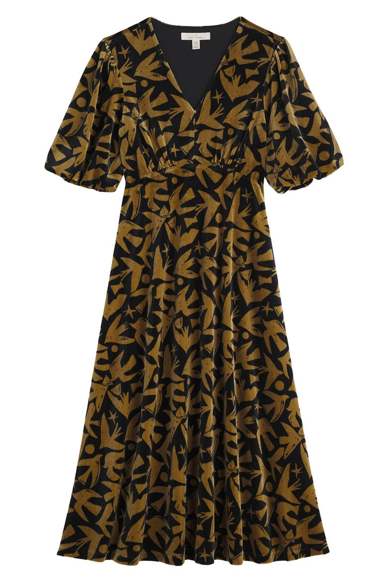 Hendra Floral Print Puff Sleeve Velvet Dress, Alternate, color, PAPER BIRDS ONYX