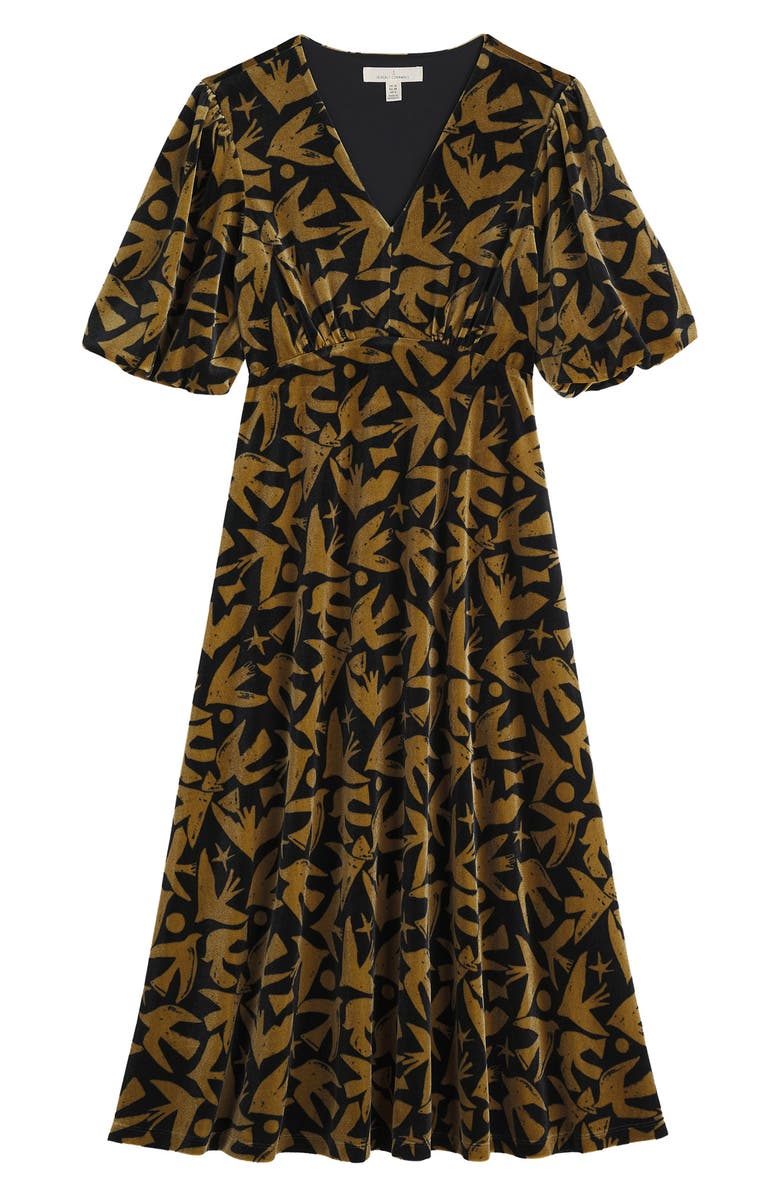 Seasalt Cornwall Hendra Floral Print Puff Sleeve Velvet Dress, Alternate, color, Paper Birds Onyx