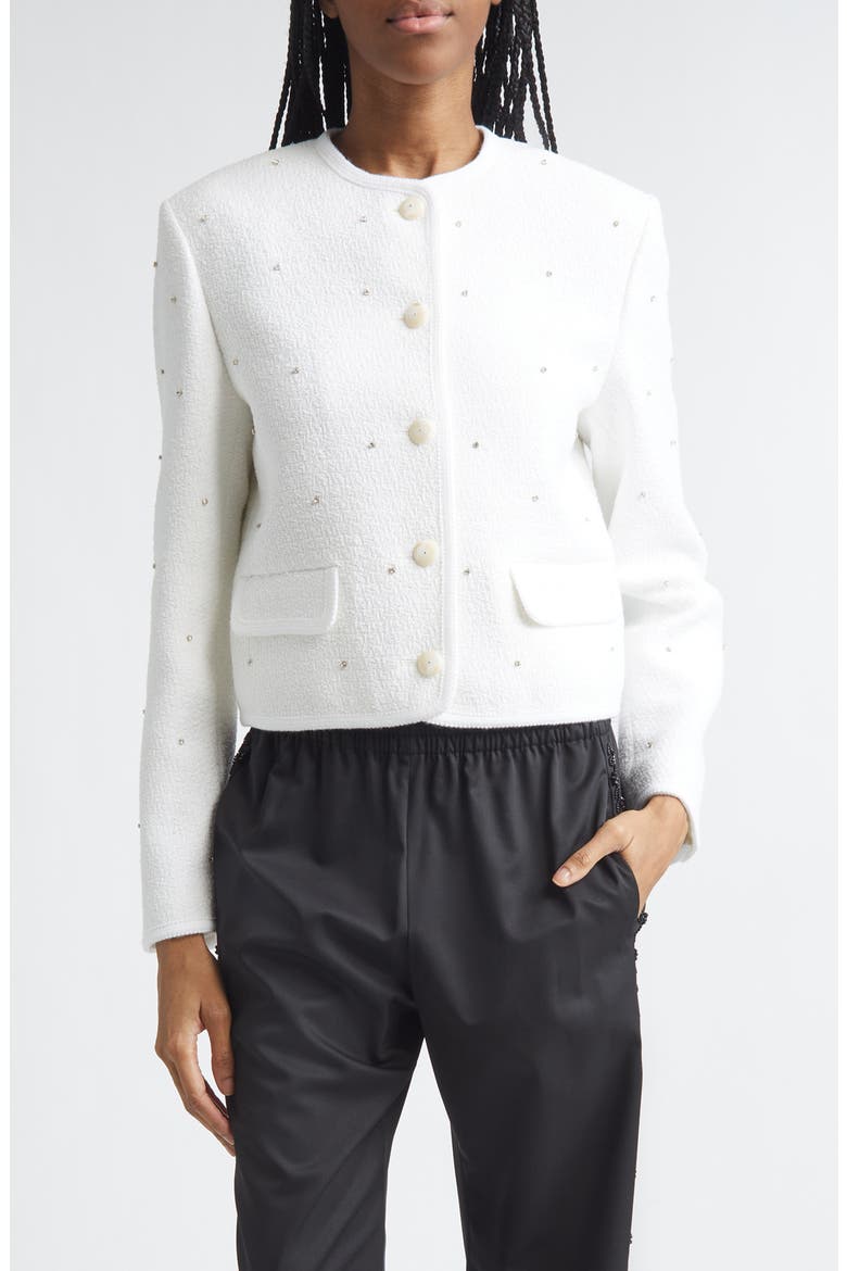 Rhinestone Boxy Bouclé Jacket, Main, color, OFF-WHITE
