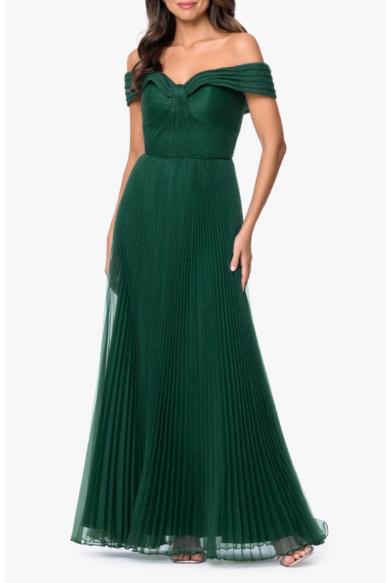 Off the Shoulder Pleated Organza Gown, Main, color, HUNTER