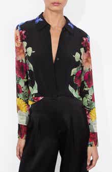Alice + Olivia Brady Slim Fit Silk Button-Up Shirt