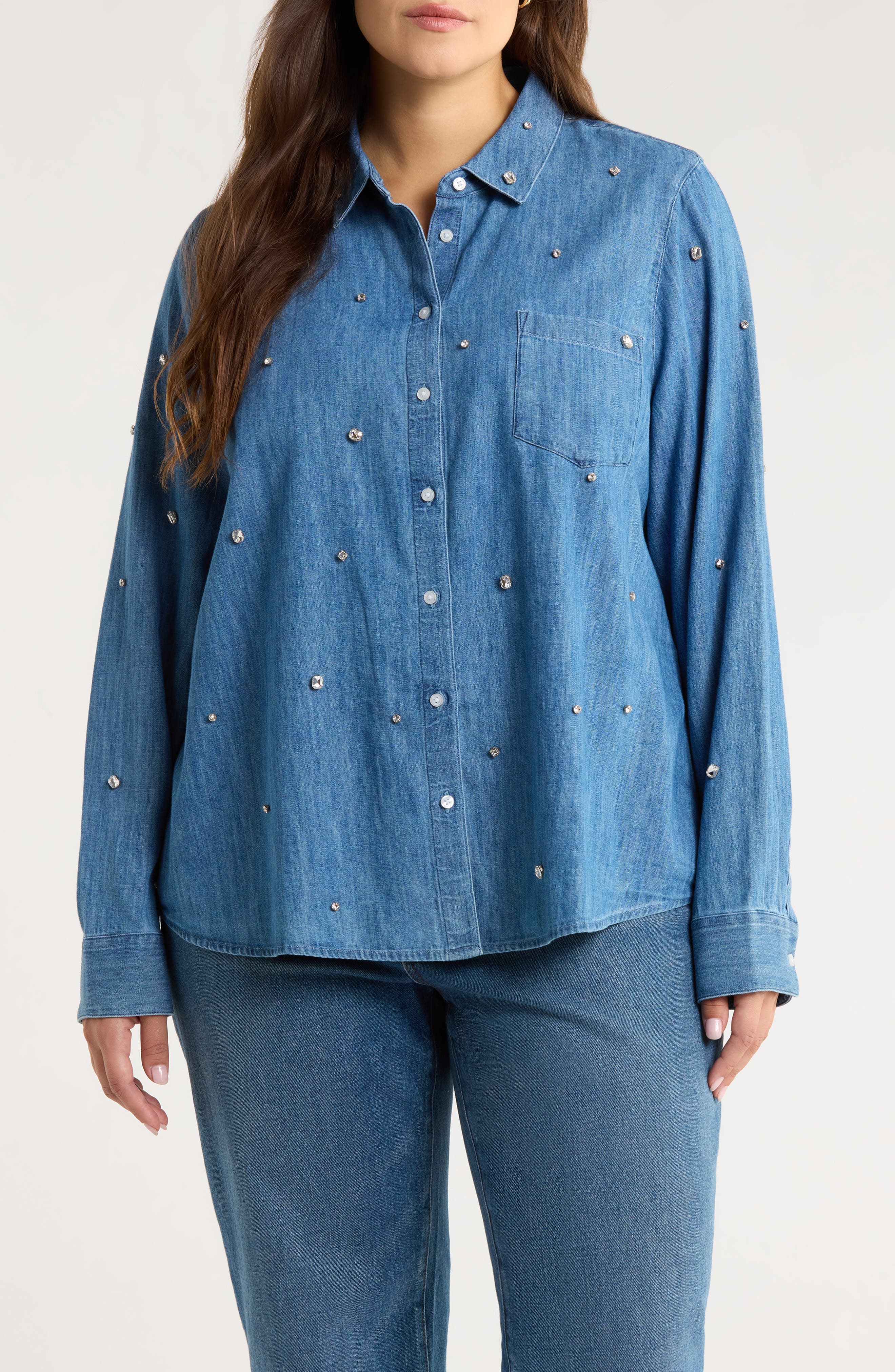 Caslon® Crystal Embellished Chambray Button Front Shirt