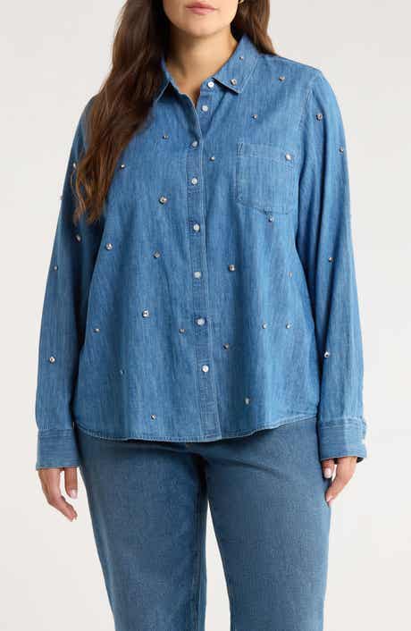 Caslon® Crystal Embellished Chambray Button Front Shirt