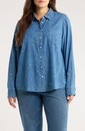 Caslon® Crystal Embellished Chambray Button Front Shirt