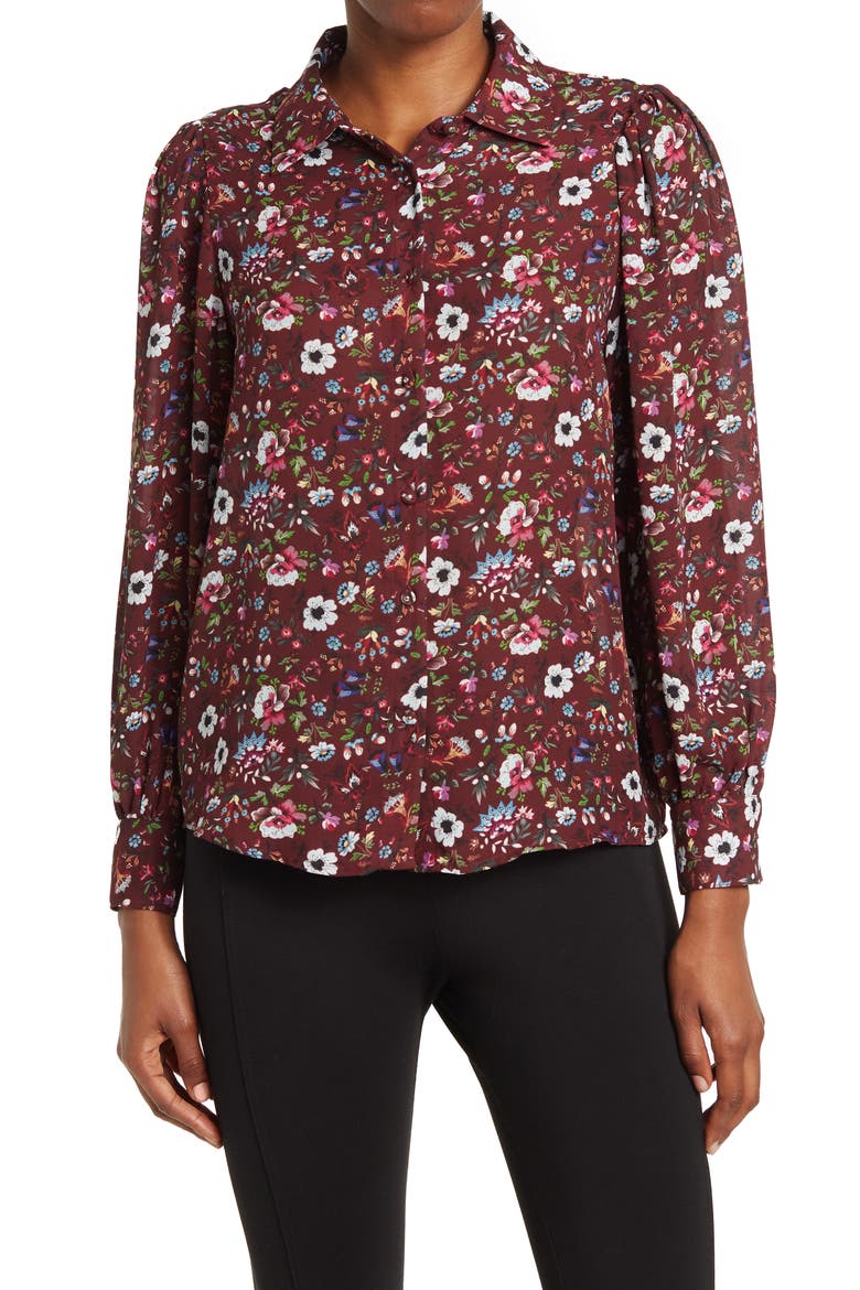 Floral Button-Front Blouse, Main, color, WINE GROUND FLORAL GARDEN