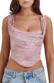 HOUSE OF CB Una Floral Cowl Neck Lace-Up Corset Top