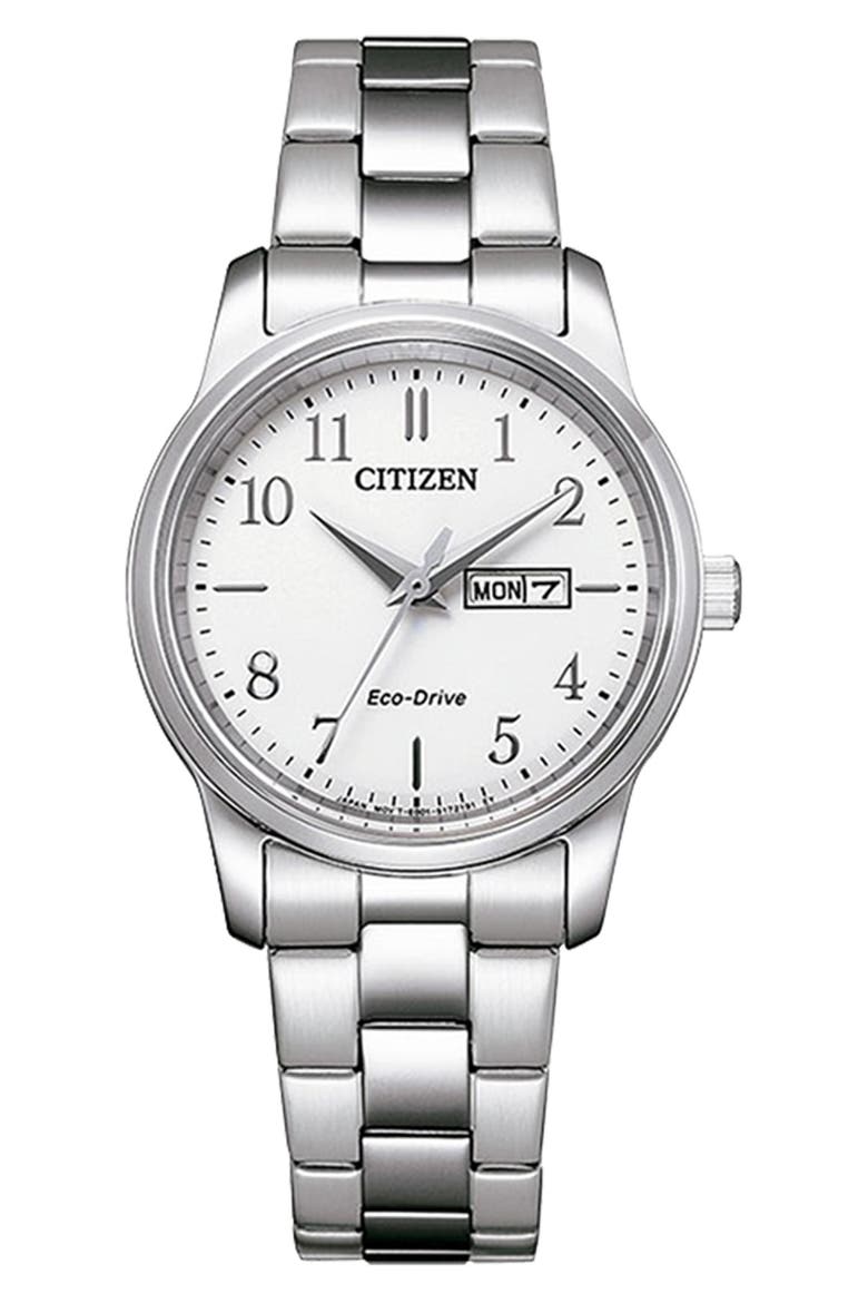 Eco Drive Three-Hand Quartz Stainless Steel Bracelet Watch, 30mm, Main, color, SILVER