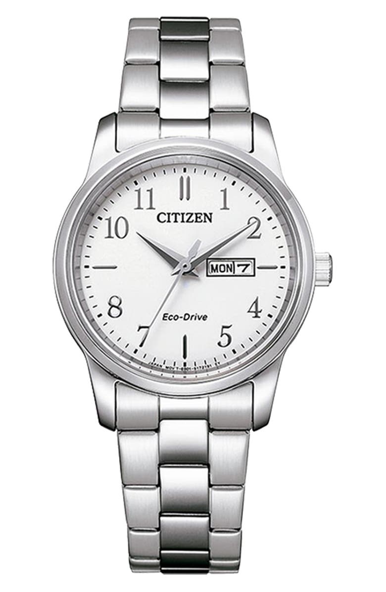 Citizen Eco Drive Three-Hand Quartz Stainless Steel Bracelet Watch, 30mm, Main, color, Silver