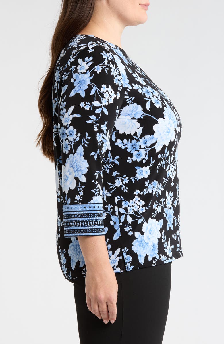 Anne Klein Floral Print Border Top, Alternate, color, Anne Black Multi