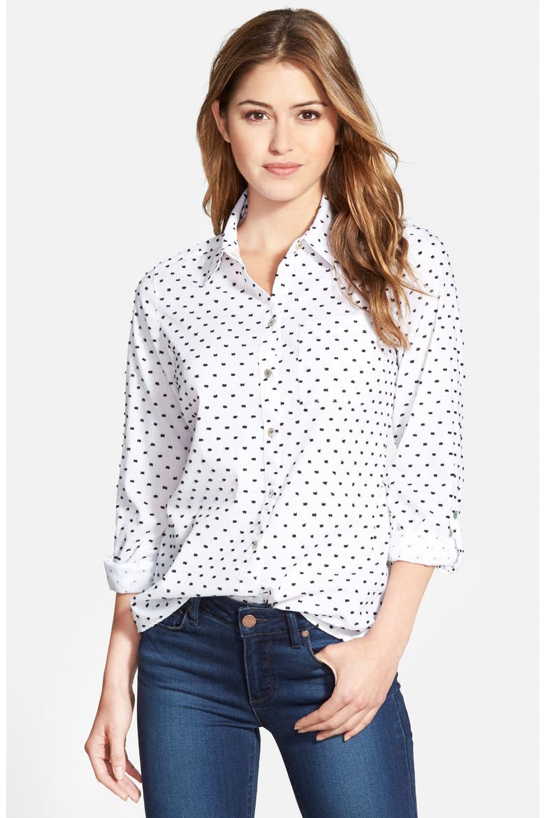 Roll Sleeve Swiss Dot Cotton Shirt, Main, color, WHITE/ BLACK DOT