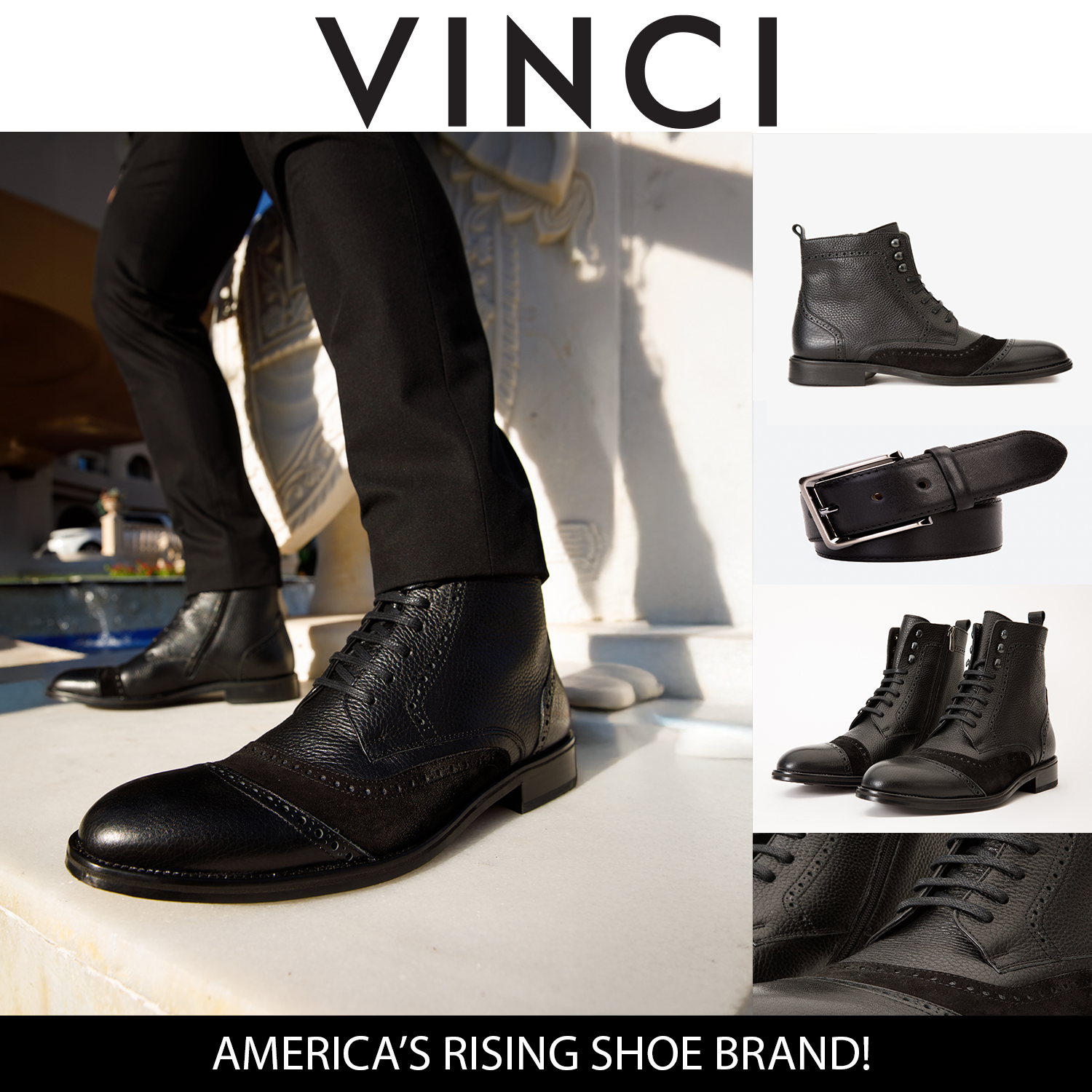 The Anderson Leather & Suede Brogue Lace-up Boot With A Zipper, Alternate, color, Black