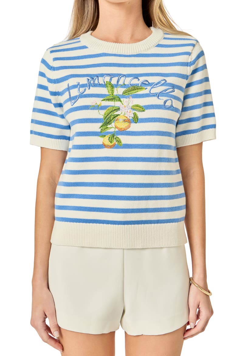 Lemoncello Stripe Short Sleeve Cotton Sweater, Main, color, WHITE/ BLUE