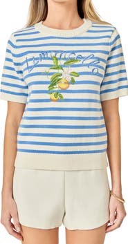 English Factory Lemoncello Stripe Short Sleeve Cotton Sweater