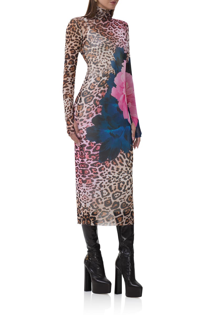 AFRM Shailene Long Sleeve Mesh Midi Dress, Alternate, color, Animal Block Peony