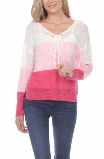 Stripe V-Neck Long Sleeve Openwork Knit Top