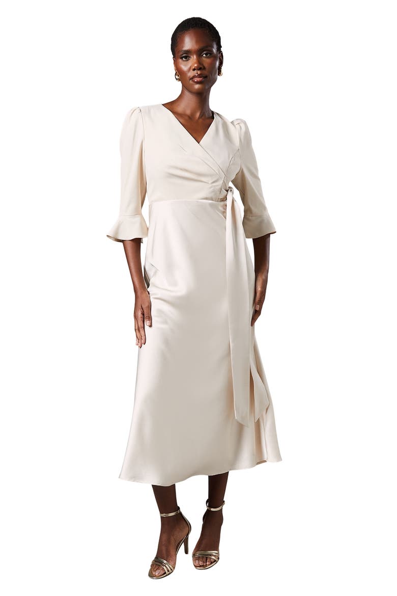 Ruffle Sleeve Satin Wrap Dress, Main, color, Champagne