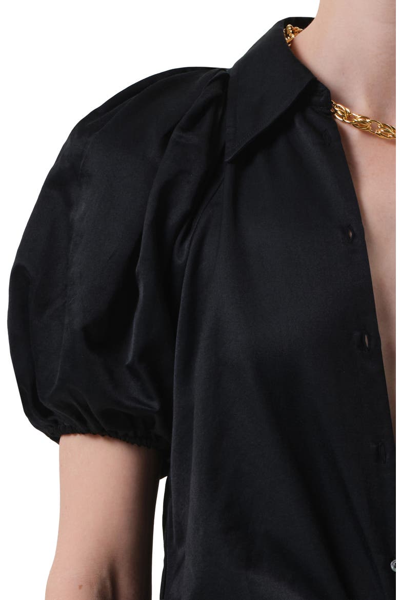 Leila Puff Sleeve Cotton & Silk Button-Up Shirt, Alternate, color, BLACK