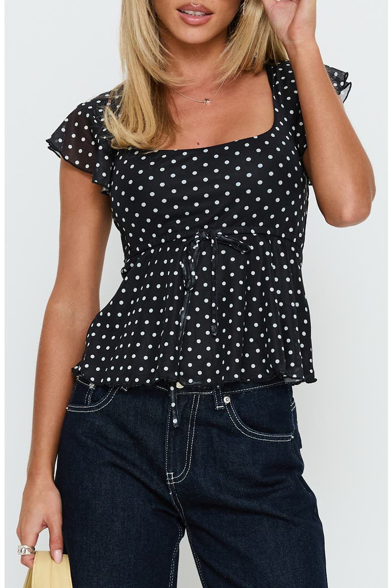 Auroraah Polka Dot Ruffle Babydoll Crop Top, Main, color, BLACK POLKA DOT