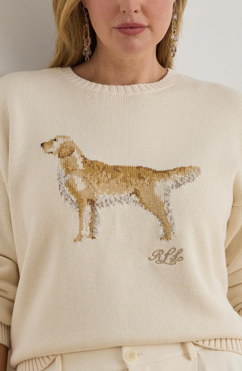 Lauren Ralph Lauren Intarsia Golden Retriever Cotton Sweater, Alternate, color, Mascarpone Cream