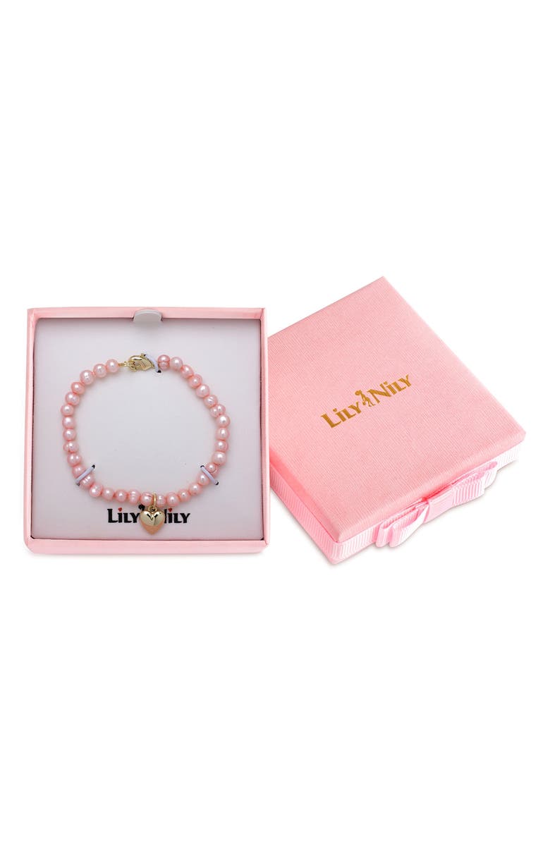 Lily Nily Kids' Pink Freshwater Pearl Heart Charm Bracelet, Alternate, color, Pink